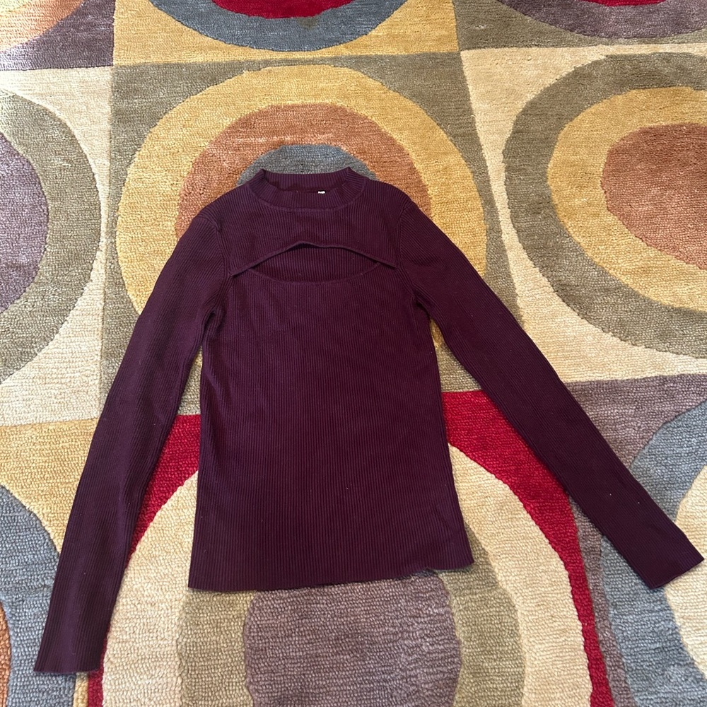 Merlot Maroon Burgundy Cutout Mock Neck Ribbed Slim Fitting Sweater Women’s XXS